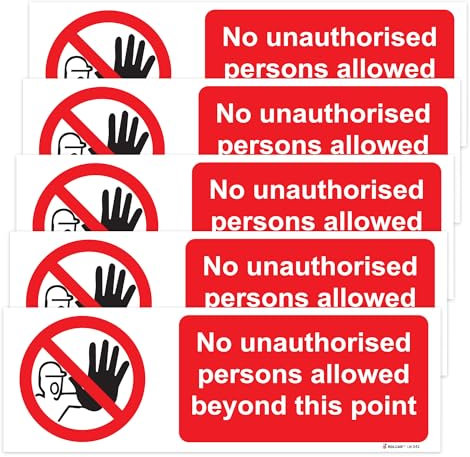 RDLCAR No Unauthorised Person Beyond This Point Sign Rigid PVC Pack of 5 Safety Warning Sign Off Limits Easy Installation 100mm x 300mm
