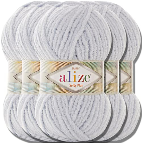 Alize 5x 100g Softy Plus türkische Wolle Super Bulky Chenillegarn Babywolle Handstrickgarn ohne Nadel zum häkeln weiches Chenille-Garn XXL-Knäuel für Amigurumi (Light Grey | 500)