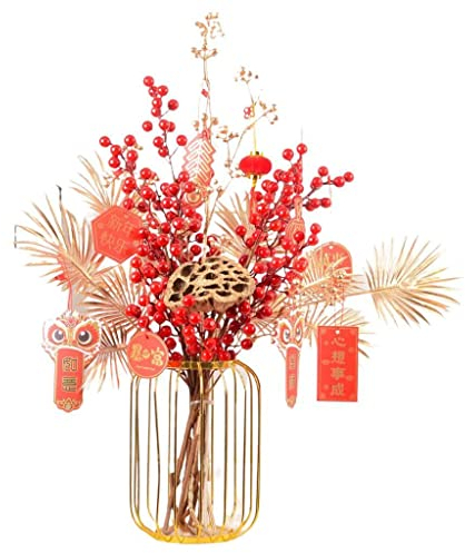 perfk Chinesischer Stil Blumenkorb Ornament Blumenarrangement Zweige Feier Roter Obstbaum für Hochzeit Indoor Store Dekoration Foto Requisiten, 60CM