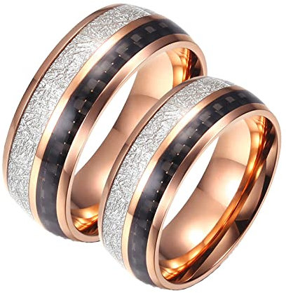 Bague Gravée Couple, Bague Large Or Rose Acier Inoxydable Fibre de Carbone Incrustée de 8mm Cadeau Saint Valentin