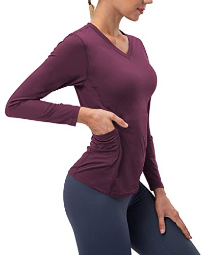 Ruowuhen Damen Langarm Funktionsshirt Laufshirt Sportshirt Schnelltrocknend Fitness Yoga Langarmshirts mit Tasche Weinrot S
