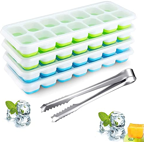 4 pcs Ice Cube Trays with Lid,Easy Release Ice Tray BPA Free,Stackable Silicone Ice Cube Mold,Suitable for Frozen Drinks,Coffee,Fruit Come with Stainless Steel Ice Tongs