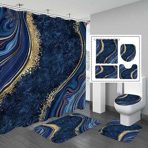 Gibelle 4 Pcs Luxury Marble Shower Curtain Set with Non-Slip Rugs, Toilet Lid Cover and Bath Mat, Gold Foil Navy Blue Bathroom Decor Set with Shower Curtain and Rugs and Accessories