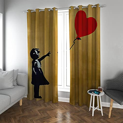 Ballonmädchenvorhänge für Schlafzimmer Verdunkelungsfenstervorhänge mit Ösen Banksy Gelbe Vorhänge Büro Eigentumswohnung Geräuschunterdrückung Vorhänge H275xB228