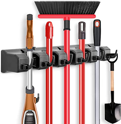 ibell Broom Holder Wall Mounted, Mop Holder Wall Hanger with 5 Position 6 Hooks, Multipurpose Utility Tool Storage Organizer for Kitchen, Bathroom, Garden Garage
