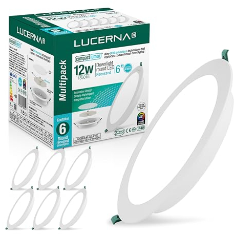 LUCERNA Downlight LED Empotrable 12W - Foco Interior Redondo Blanco Frío 6500K - 1350 LM - Plafón Cocina Agujeros Ф140-150mm - Pack de 6 Focos Encastrables