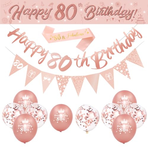 DEARLIVES 14 Piece 80th Birthday Decoration Set: Rose Gold Balloons, Banners & Straps