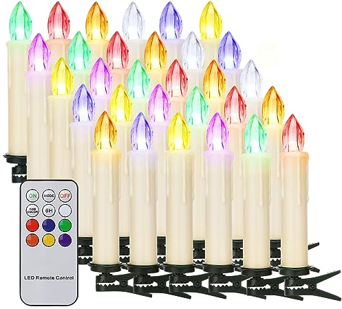 yunsheng 30er RGB Weihnachtsbaumkerzen mit Fernbedienung Timer, Warmweiß Christbaumkerzen Kabellos, Batteriebetriebene Flammenlose Flackern Weihnachtsbaum Lichterkette, Wasserdicht, Weihnachtsdeko