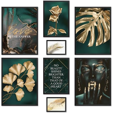 ARTFAVES® Poster Set - GOLDEN LEAVES - mehrteilige Wanddeko Wohnzimmer & Schlafzimmer - 8 moderne Wandbilder gold, türkis, Pflanzen, Blätter, Monstera - mit Rahmen Schwarz