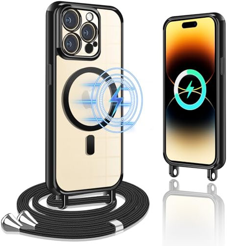 iPhone 14 Pro Max Hülle mit band,Handyhülle 14 Pro Max mit Band[Kompatibel mit Magsafe][Stoßfest][NO.1 Magnetisch]Hardcase mit Weich Silikon Transparent Handykette Hülle für iPhone 14 Pro Max Case