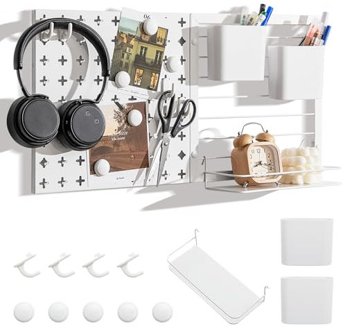 COSTWAY Kit Combiné de Panneaux Perforés Mural 61 x 30 cm, Panneau Perforé Organiseur Mural avec 4 Crochets, Étagères de Rangement, 2 Récipient et 5 Aimants, pour Cuisine, Bureau, Garage, Salon