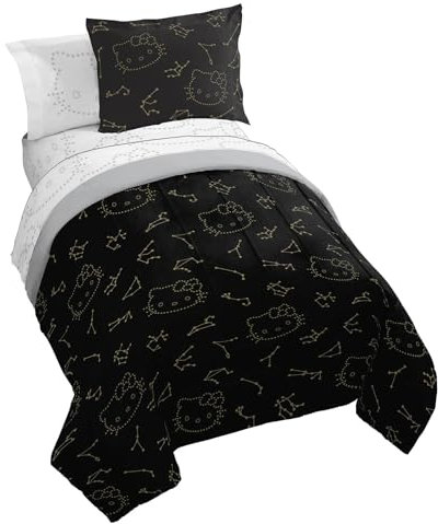 Jay Franco Hello Kitty Stars Bettwäsche-Set für Doppelbett, 5-teiliges Bettwäsche-Set mit Bettlaken und Kissenbezügen, superweiche Bettwäsche mit Sternzeichen, Schwarz und Gold