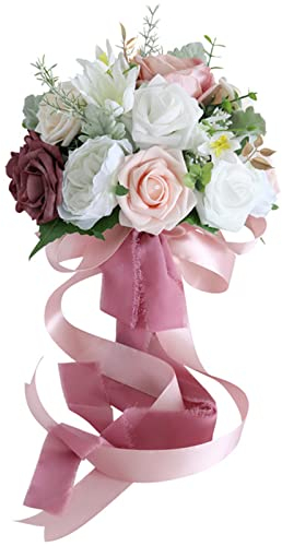 Domasvmd Schöne Rose, künstliche Seidenblumen, kleiner weißer Blumenstrauß, Zuhause, Party, Winter, Hochzeit, Dekorationen, künstliche Blumen, künstlicher Hochzeitsstrauß für Braut und Brautjungfern