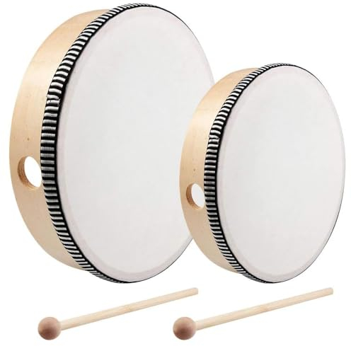 Aieraczy 2 Stück (6 Zoll & 8 Zoll) Tambourin Tamburin, Trommel mit Schlägel Holz, Tambourine, Handtrommel Percussion für Tamburin Trommel für Party, Spiele