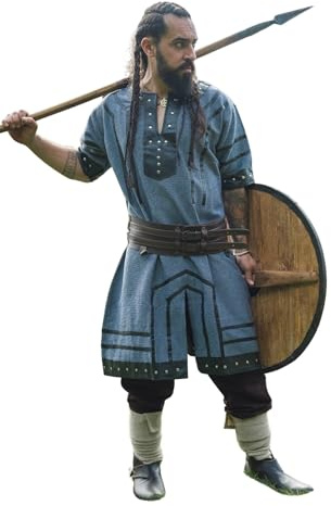 Leonardo Carbone® Wikinger Tunika Rollo - Mittelalter Hemd Herren, Freizeithemden Kurzarm, Karneval Kostüm Herren, Wikinger Tunika, LARP-Kleidung - 100% Baumwolle mit Leder Applikationen