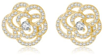 SLUYNZ Solid 925 Sterling Silber CZ Blume Ohrringe Ohrstecker für Damen 1,5CM Kamelie Blume Ohrstecker (B-Gold)