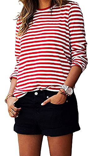 LYSINK Women Red White Striped Color Block Shirts Long Sleeve Round Neck Casual Shirt Fall Loose Going Out Pullovers (A-a-Red, XL)