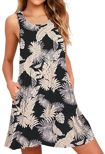 AUSELILY Sommerkleid Damen Rundhals Knielang Freizeitkleider Strand Trägerkleid mit Taschen Tropischer Regenwald XL