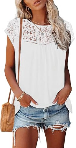 WNEEDU Womens Summer T Shirts Lace Tops Cap Short Sleeve Tshirt Crew Neck Casual Blouses Elegant 2025 New White M