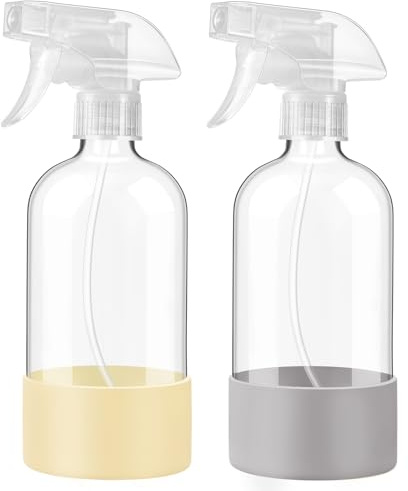 JohnBee Glass Spray Bottles with Silicone Sleeve, 2 Pack16 oz Empty Refillable Containers with Adjustable Spray Nozzles, Spray Bottles for Hair, Cleaning Solutions and Plants Pale Yellow&Grey