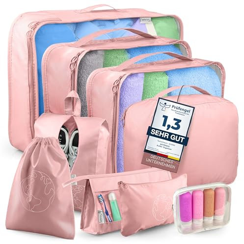 asteriCS Koffer Organizer & Silikon Reiseflaschen BPA frei (12er Set) wasserdichte Packing Cubes & auslaufsichere Shampoo Flaschen zum Befüllen 4x90ml zugelassen für Handgepäck Flüssigkeiten