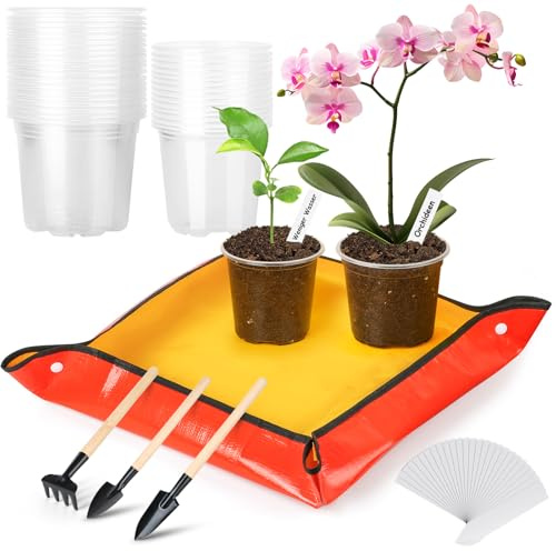 VEPEPE Pot Transparent Plante Lot de 35, Pots de Fleurs 9cm 10cm pour Orchidées, Pot Transparent Culture avec 1 Tapis de Jardin, 20 Étiquettes & 3 Mini Pelles