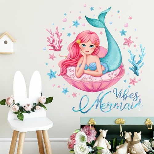 Marine Mermaid Girl's Bedroom Wall Decals Stickers Wall Stickers Peel and Stick Removable Wall Stickers for Kids Nursery Bedroom Lovely Bathroom Living Room