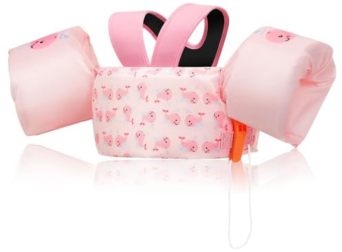 MoKo Kinder Schwimmflügel, Cartoon Schwimmjacke mit Y-förmigem Design, Sicherheitsgurte & Notfallpfeife Für Jungen & Mädchen 9-22,6 KG, Rosa Whale