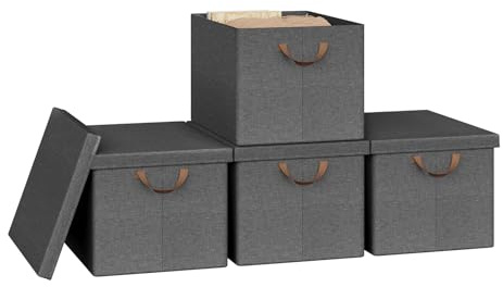 WOLTU Foldable Storage Boxes Set of 4, Storage Baskets with Removable Lid, Fabric Storage Cubes with Handle, Grey, 48 x 36 x 30 cm
