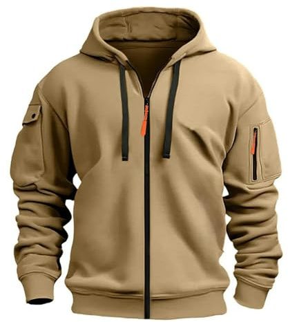 MakingDa Herren-Kapuzenpullover, langärmelig, Reißverschluss, Tasche, Bündchen, Fleece, schmale Passform, lässiger Winter-Kapuzen-Sweatshirt, khaki, XXL