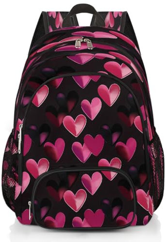 Mexpekil Zaino per la scuola per bambini con cuore rosa nero amore per ragazzi ragazze bambini zaini laptop libro borsa casual zaino per donne uomini