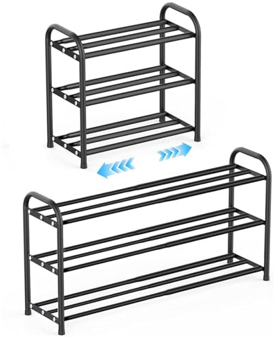 Kongming Schuhregal Metall Schwarz, Schuhregal Ausziehbar Schmal, Schuhaufbewahrung Platzsparend Schuhablage Verstellbarer 43 to 78cm breit für Schrank, Eingang, Diele, Flur (3 Etagen)