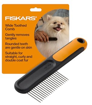 Fiskars Grobzinkiger Kamm für Katzen und Hunde mit weit auseinanderstehenden, abgerundeten Zinken und SoftGrip-Griff für sanftes Entwirren, Katzen- und Hundezubehör, 17,8 cm, Orange/Schwarz