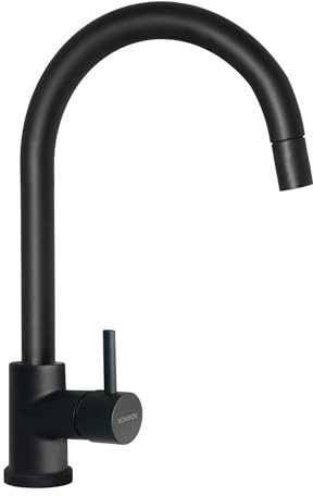 SCHOCK -Miscelatore Cucina AQUAPLAN Con Doccetta Estraibile, Rubinetto | Adattabile per installazione sottofinestra, Schock Saving 90°, Rotazione canna 180°, Ottone smaltato Nero Opaco, Made In