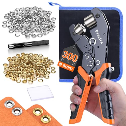 Preciva Remachadora Ojales, Kits de Ojetes 300PCS (Ø 6mm), Alicate de Ojales con Trinquete Ajustable, Ojales de Dorados y Plateados, Sacabocados, Gásquet, Kit para Lonas Tejidos Cartón Cuero y PVC