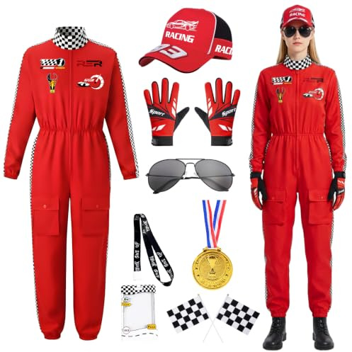 COYBTO Déguisement de Pilote de Course pour Femme, Combinaison Intégrale avec Gants, Casquette et Lunettes de Soleil, Déguisement de Course pour Adulte Carnaval Cosplay Fête Halloween (Rouge, XL)