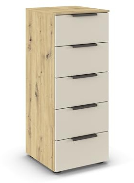 Rauch Möbel Flipp, Kommode, Farbe Beige/Eiche Artisan, Breite 40 cm | Sideboard, 5 Schubladen, Soft-Close-Funktion, für Schlafzimmer, Gästezimmer, Wohnzimmer, Garderobe, Flur