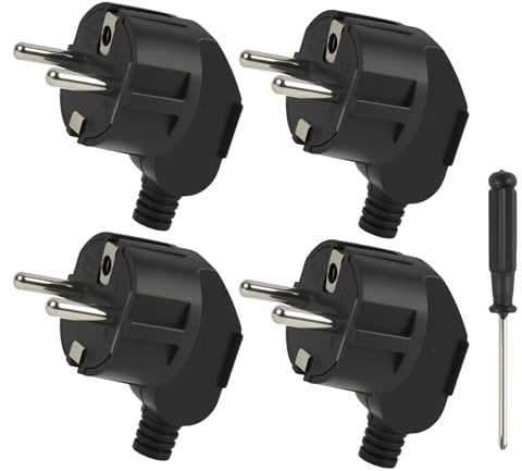 4 Pièces Fiche Schuko, fiche coudée IP44 230V 16A, fiche plate de sécurité avec capuchon anti-traction, montage par vis sans soudure, fiche Schuko robuste pour une utilisation intérieure et extérieure