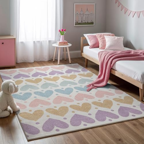 the carpet Beat Kids Moderner Weicher Kinderteppich, Weicher Flor, Pflegeleicht, Farbecht, Herzchen Muster, Creme Bunt, 200 x 280 cm