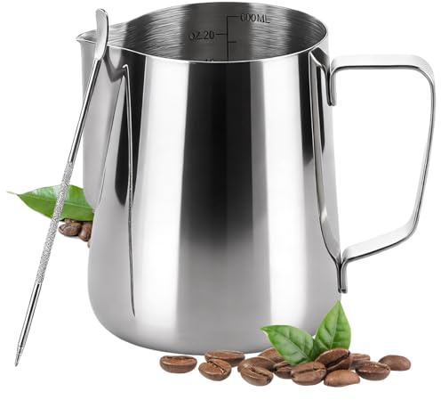 Milk Frothing Pitcher, 600ml/20oz 304 Stainless Steel Coffee Jug with Measurement Marks & Latte Art Pen, Ideal for Crafting Latte Art, Cappuccino, Perfect for Home Baristas & Coffee Enthusiasts