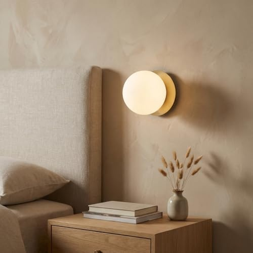 BARCELONA LED Wandleuchte Kugel aus Weißem Glas Ø15 cm mit Gold Metallbasis, Wandlampe Vintage und Modern, Minimalistischer Luxus für Badezimmer, Spiegel und Innenräume, E27
