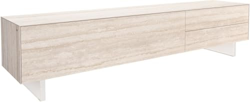 DELIFE TV-Board Cuor Keramik Laminam® Travertino Bianco Creme-Weiß 220 cm 1 Klappe 2 Schubfächer Fuß Schwebeoptik Acrylglas Lowboard