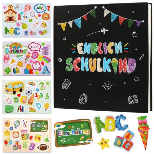 Einschulung Gästebuch 68 Seiten Erinnerungsalbum für Mädchen und Jungen | Endlich Schulkind Gästebuch, Erinnerungsalbum, mit 6 Blätter DIY Aufkleber, für Mädchen Junge, Schultüte Füllung