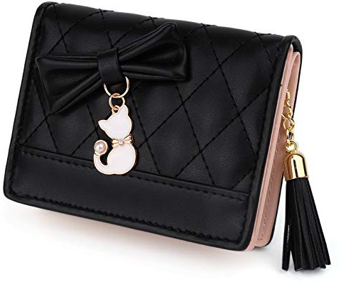 UTO Femme Filles Portefeuille Petit Porte-Monnaie à glissière avec Chat Mignon Pendentif en PU Cuir Noir