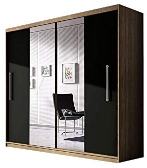 Armoire coulissante Nico 203 cm – 2 Portes avec Miroir et Tringle – penderie Moderne avec Grand Espace de Rangement pour Chambre ou entrée (Sonoma + Noir)
