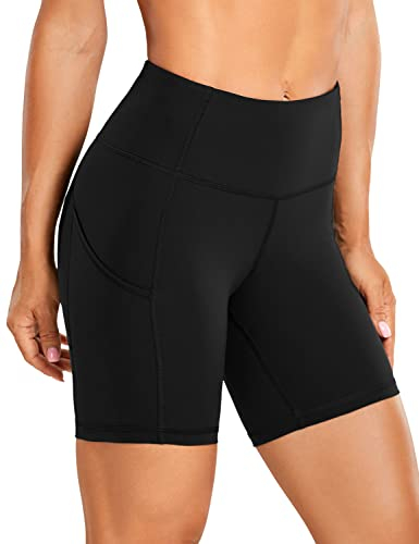 CRZ YOGA Damen Sport Radlerhose Blickdichte High Waist Biker Shorts Running Kurze Leggings mit Tasche - Naked Feeling Light - 15cm Schwarz 36