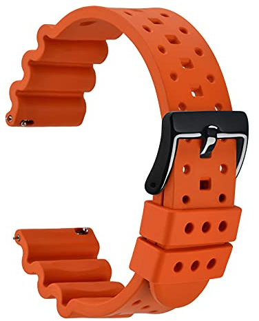 WOCCI 24mm Ventilé Bracelet de Montre pour Hommes, FKM Caoutchouc (Non Silicone), Boucle Noire (Orange)