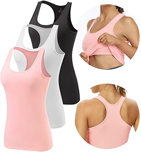 Ymmchy Women Racerback Tank Top with Built in Shelf Bra Athletic Vest 3 Pack Black/White/Pink M