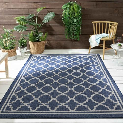 VIMODA Teppich In- und Outdoor Flachgewebe Terrasse Balkon Wetterfest Wintergarten Robust Marokkanisch geprägtes Design, Farbe:Hellblau, Maße:80x150 cm
