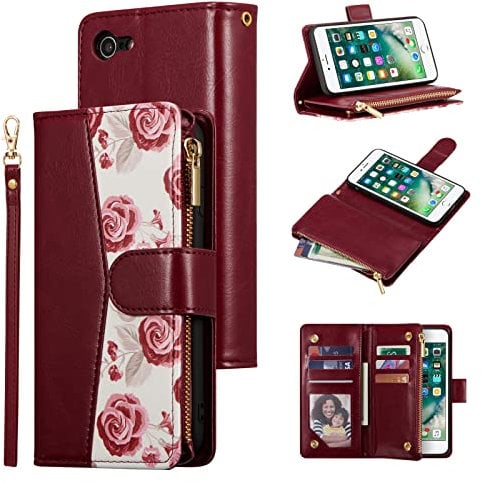 UEEBAI Wallet Case for iPhone 7/8/SE 2022 5G/SE 2020, PU Leather Flip Case Magnetic Closure Phone Cover Card Slots Zipper Pocket Hand Strap Unique Roses Design - Flower Red Wine